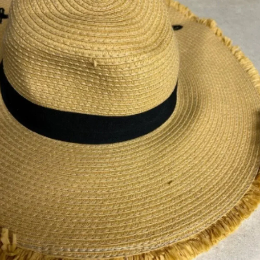 CC brand straw sun hat Tan Wide Brim Hat with Black Band “good vibes” Womens OS - Picture 2 of 5